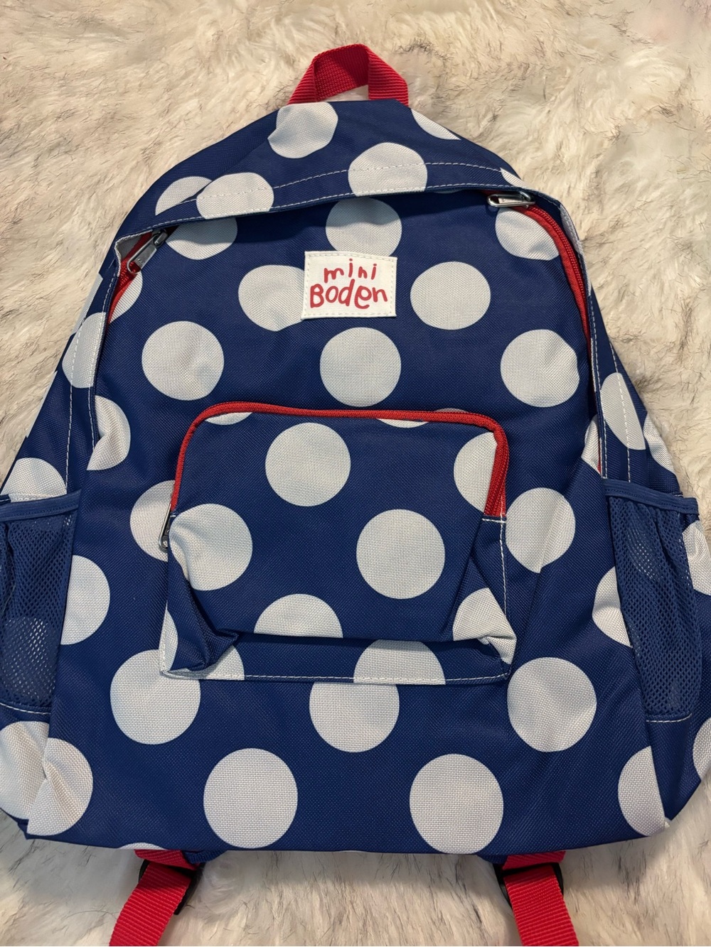 Mini Boden Navy and White Polka Dot Backpack with Red Accents